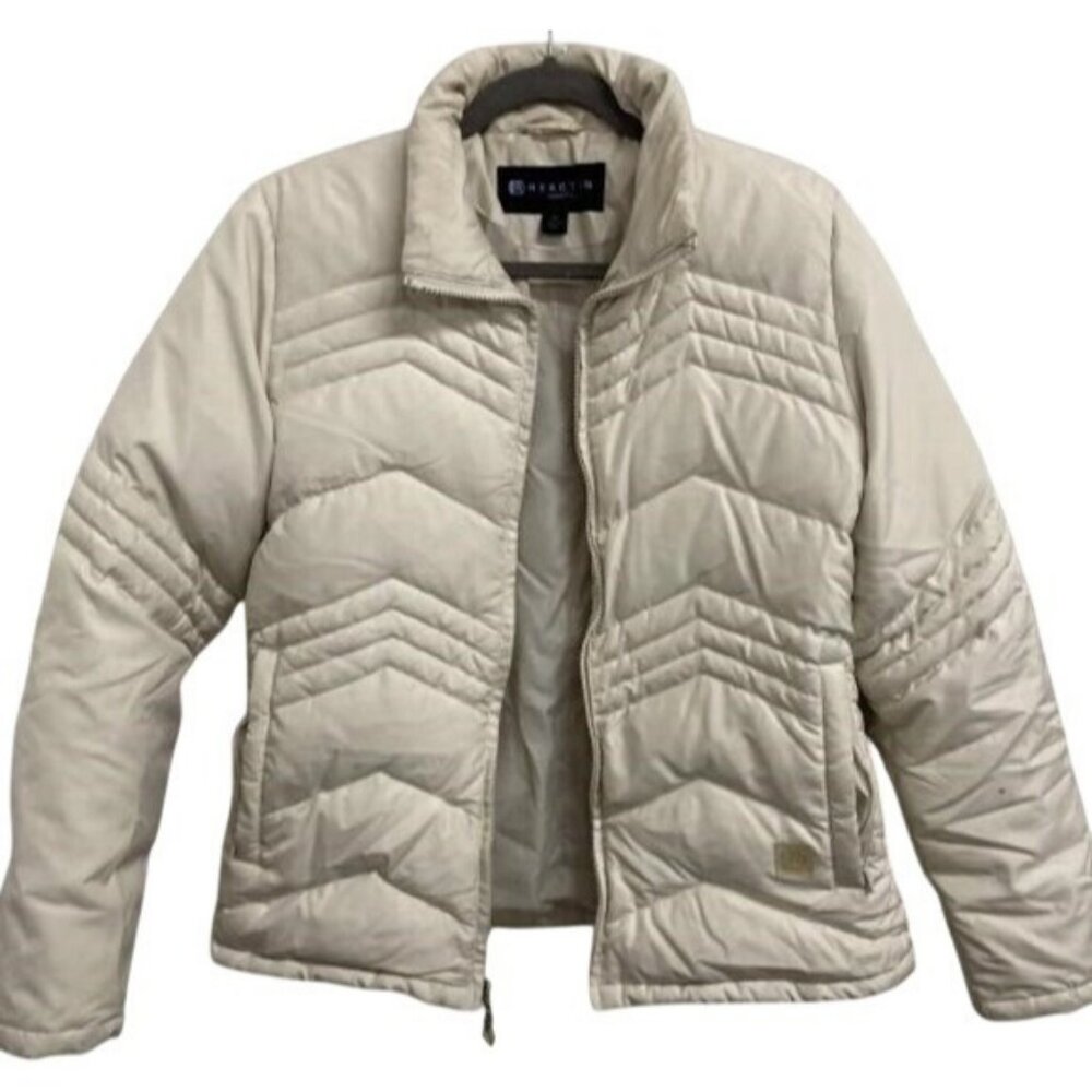 Kenneth Cole Reaction Cream White chevron Quilted Zip Puffer Jacket Medium M